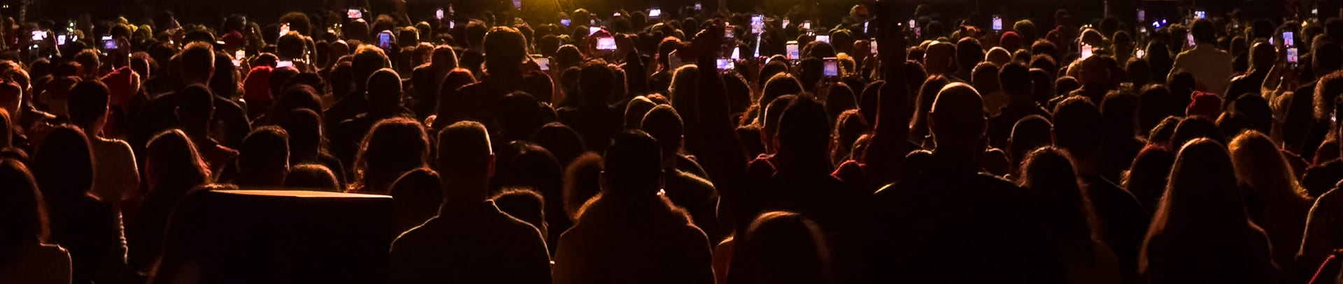 A dense concert audience seen from behind, back-lit warm amber from the stage, heads and shoulders in near-silhouette with rim light on hair, and dozens of raised phone screens glowing pale blue across the upper third.